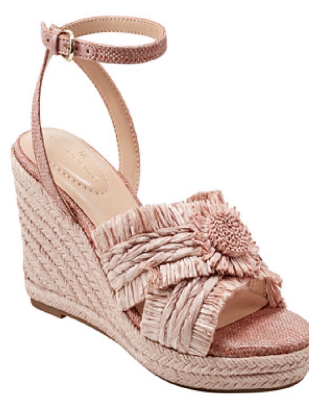 Bandolino Woven Fringe Ankle-Strap Wedge Sandal in Blush